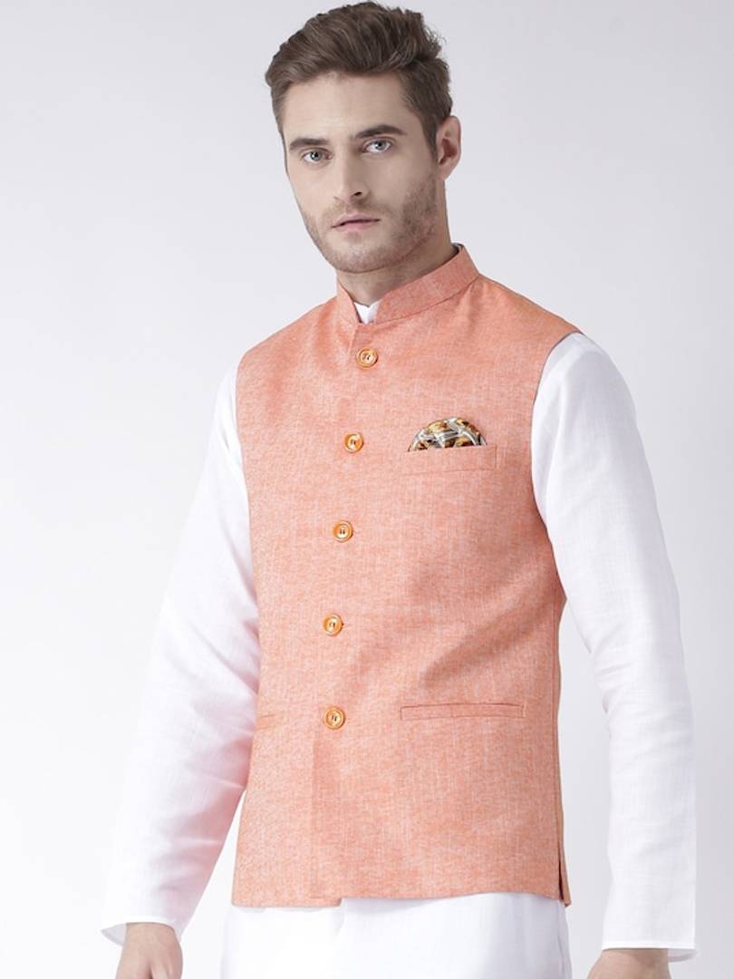 Men's Orange 
Linen
 Solid
 Nehru Jackets